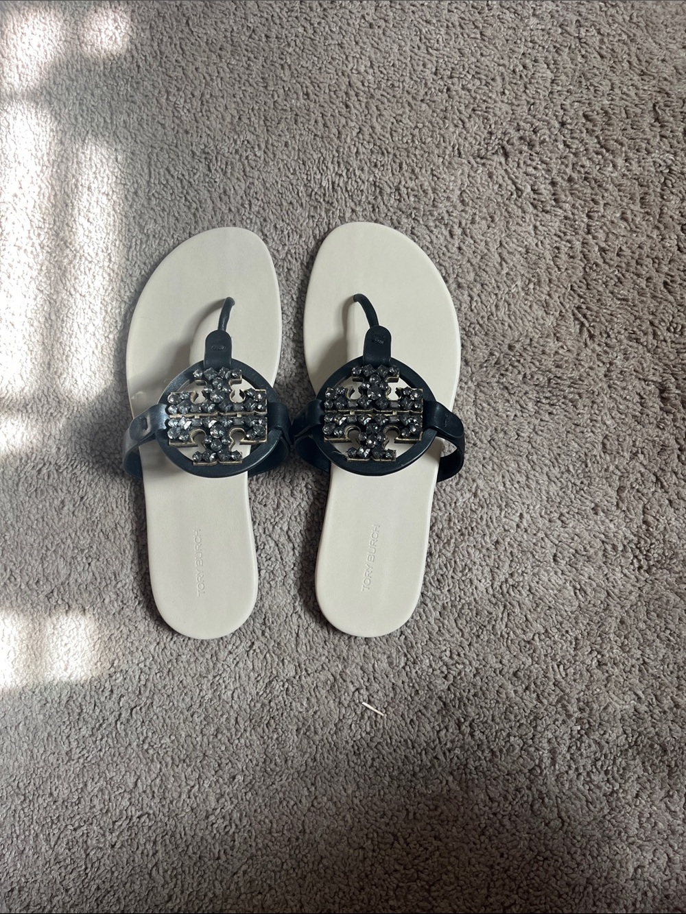 Tory Burch Black Jeweled Logo Thong Sandals with White Footbed